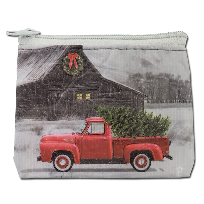 Bolsa para tarjetas o monedas con cremallera con forma de camión rojo navideño