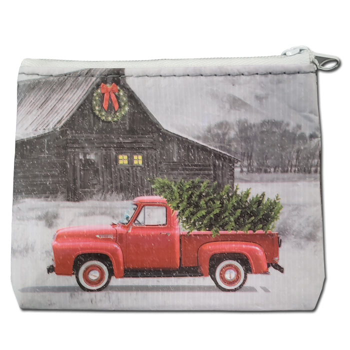 Bolsa para tarjetas o monedas con cremallera con forma de camión rojo navideño
