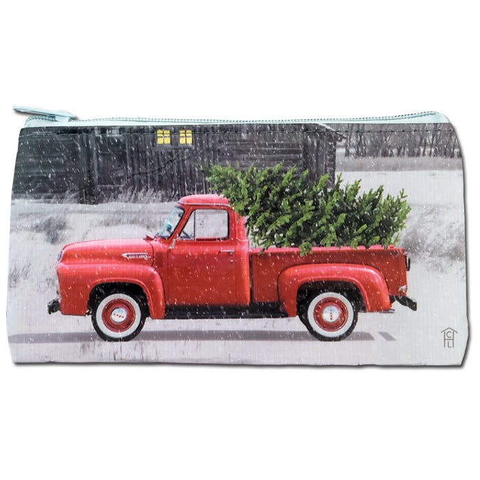 Bolsa para lápices o dinero en efectivo con cremallera y diseño de camión rojo navideño