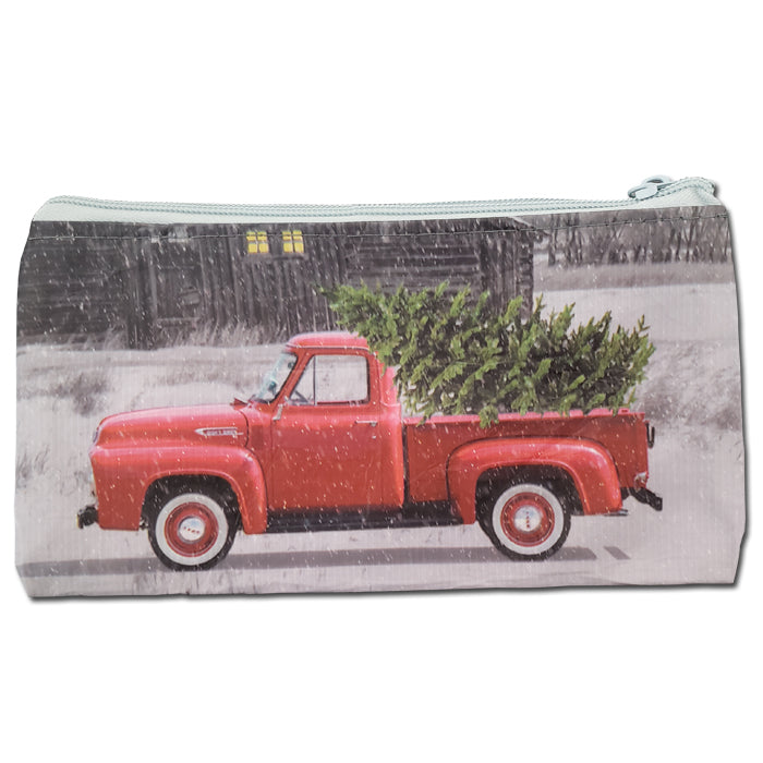 Bolsa para lápices o dinero en efectivo con cremallera y diseño de camión rojo navideño