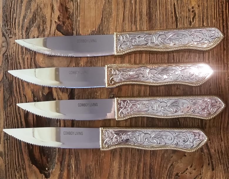 Cowboy Living Steakmesser mit Westernschnalle aus rostfreiem Silberbesteck (4er-Set)