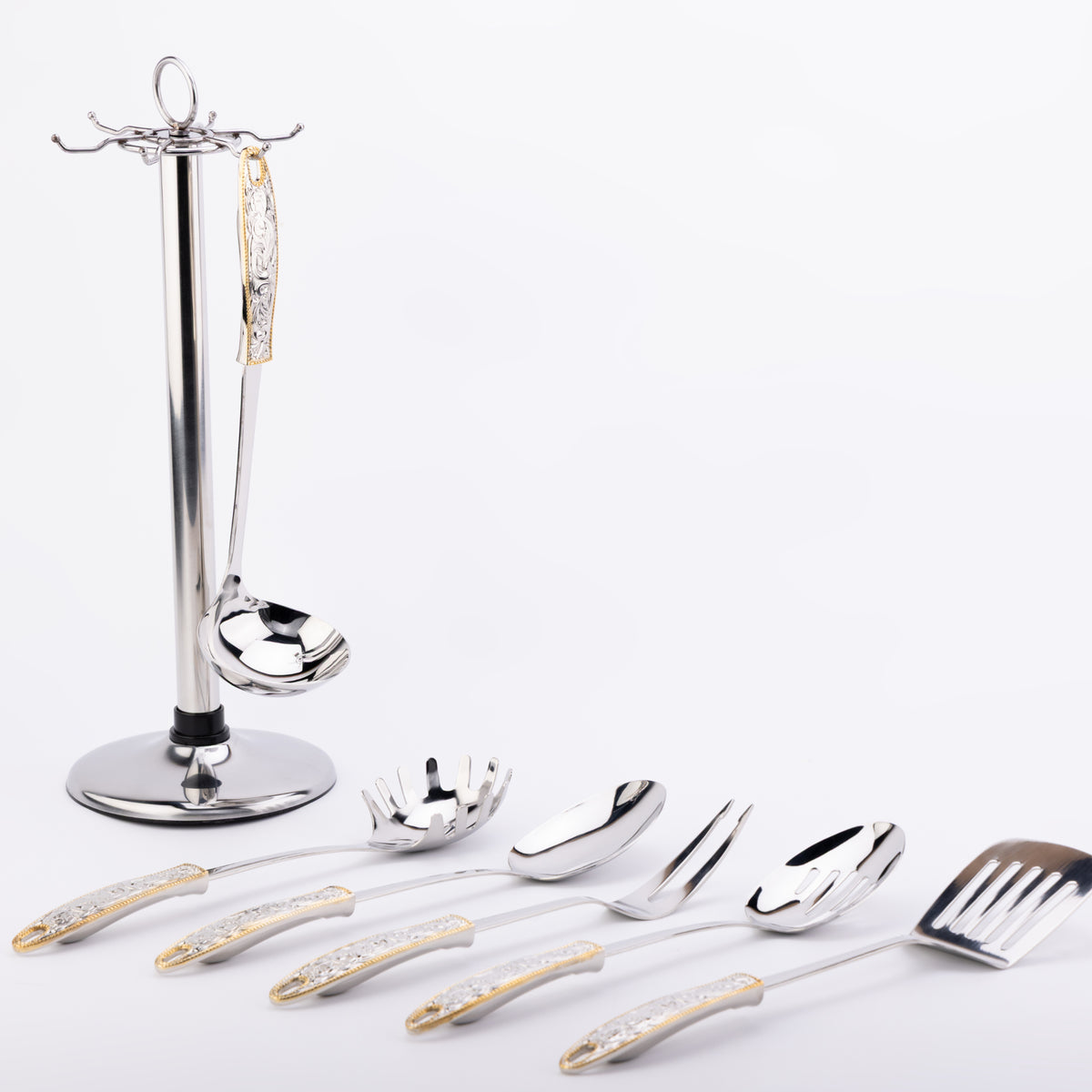 Western Rodeo Cowboy Buckle Six Piece Serving Tool Set w/ Stand