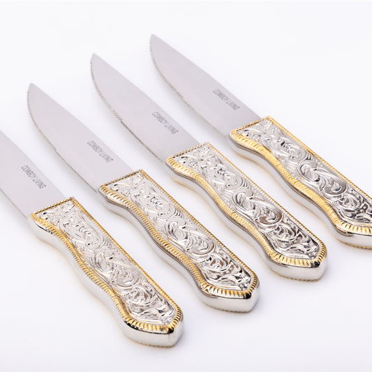 Cuchillos para carne de acero inoxidable con hebilla estilo western de Cowboy Living (juego de 4)